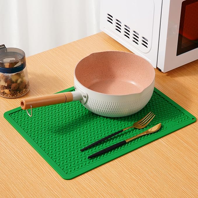 Silicone Drying Mat & Heat Resistant Mat for Kitchen Counter, Non-Slip Dishwasher Safe, Raised Edge for Dishes Bottles Sink (25.5x17.7in, Dark Green)
