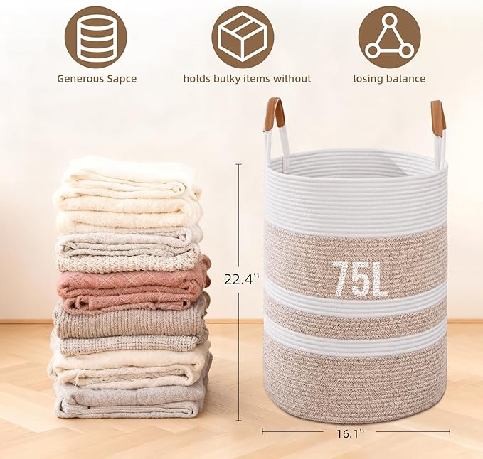 Degeyoyo 75L Striped Laundry Basket, Brown Laundry Hamper with Leather Handles, Woven Cotton Rope Storage Bin for Blankets, Nursery Hamper for Clothes, Toys In Bathroom, Livingroom, Bedroom