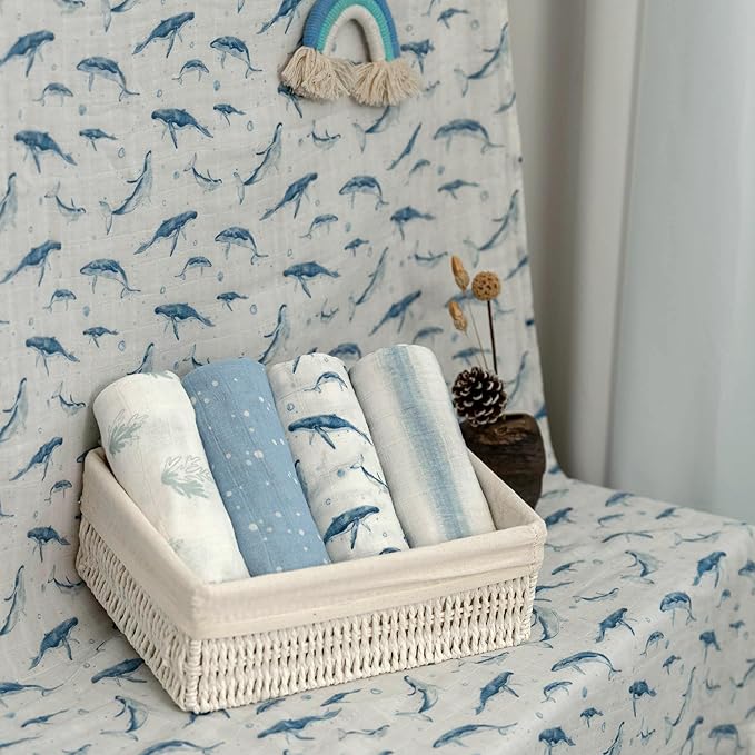 Muslin Swaddle Blankets for Newborn, 4 Pack Cotton Baby Blankets for Boys, Large 31.5 x 43.3 Breathable Soft Receiving Blanket, Essentials Swaddle Wrap Burping Clothes, Blue Whale