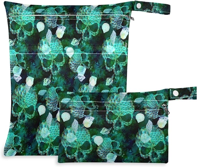 visesunny Mermaid Scale Seashell Skull 2Pcs Wet Bag with Zippered Pockets Washable Reusable Roomy for Travel,Beach,Pool,Daycare,Stroller,Diapers,Dirty Gym Clothes, Wet Swimsuits, Toiletries