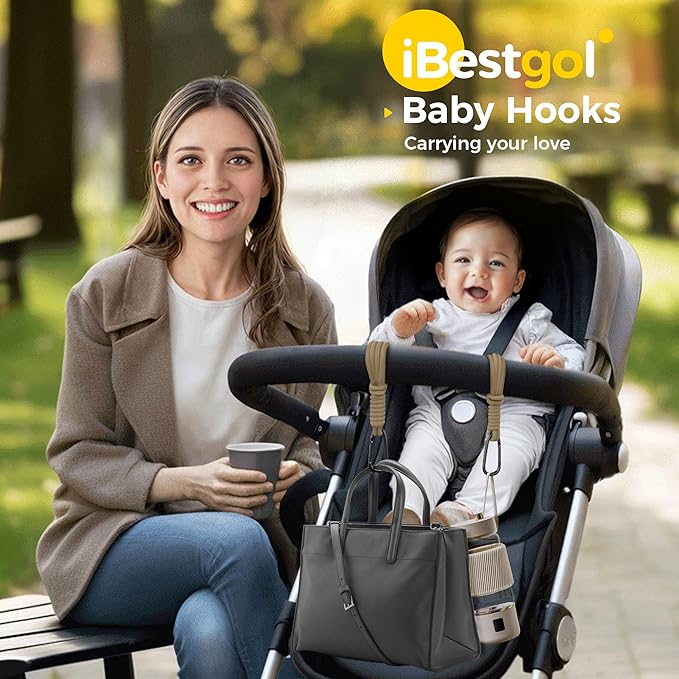 iBestgol Baby Stroller Hooks, Universal Clips for Diaper and Mommy Bags, Heavy-Duty Hangers with Straps, Practical Stroller Accessory for Moms, Black-4pc