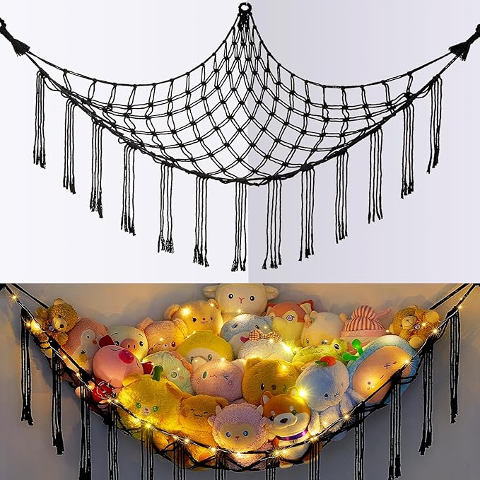 Basumee Stuffed Animals Net or Hammock with LED Light, Hanging Stuffed Animals Storage Toy Hammock Net Corner Wall Girls Room Decor Toy Storage Organizer, Black, L