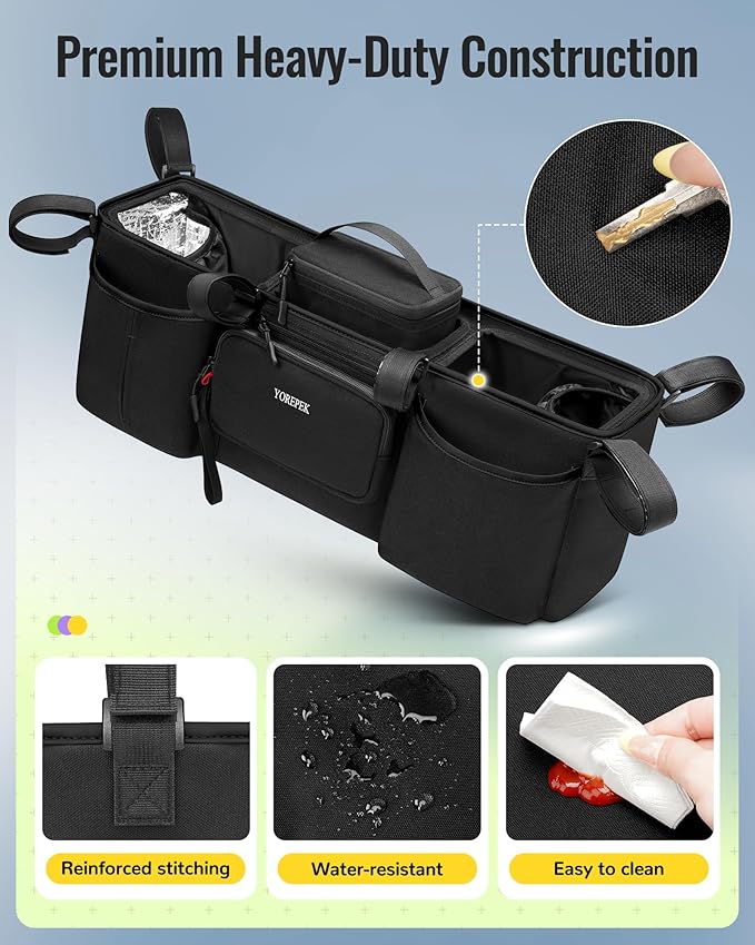 YOREPEK Padded Double Stroller Organizer with Removable Cooler Bag,Fits for Bob Duallie,Baby Jogger City Mini GT2 and Jeep, Large Capacity Stroller Caddy Attachment, Double Baby Stroller Accessories