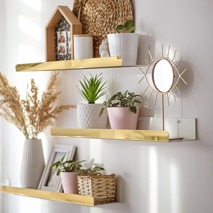 RORKIM 2 Pack 24 Inch Gold Reflective Acrylic Shelves, Gold Foating Shelves, Modern Sunglasses Essential Oil Picture Ledge Display Toy Storage Shelf