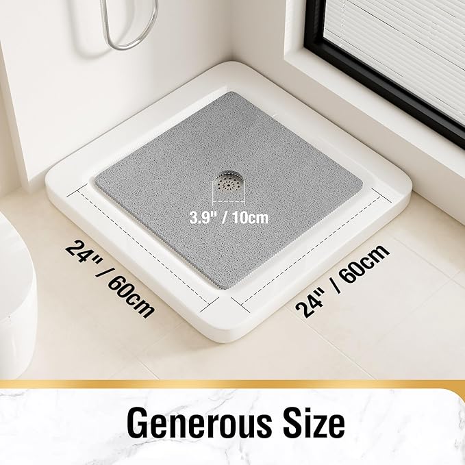 HITSLAM Square Shower Mat, 24 x 24 Inch Non Slip Bath Mat for Tub, Soft PVC Loofah Bathtub Mats with Drain Holes, Quick Drying Bathroom Stall Floor Mat, Bathroom Accessories Without Suction Cup, Grey