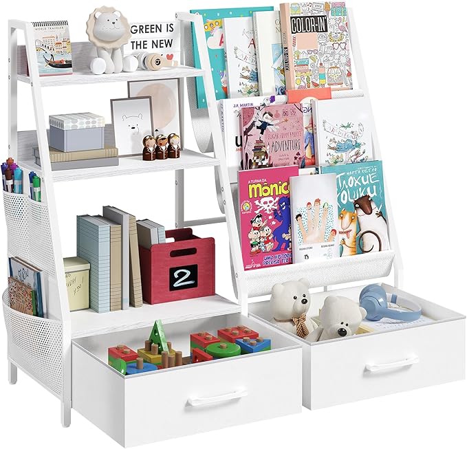 MAHANCRIS Kids Bookshelf and Toy Storage,3-Tier Sling Bookcase for Kids,Sturdy Toddler Bookshelf for Nursery,Playroom, Bedroom,White KBWT8401