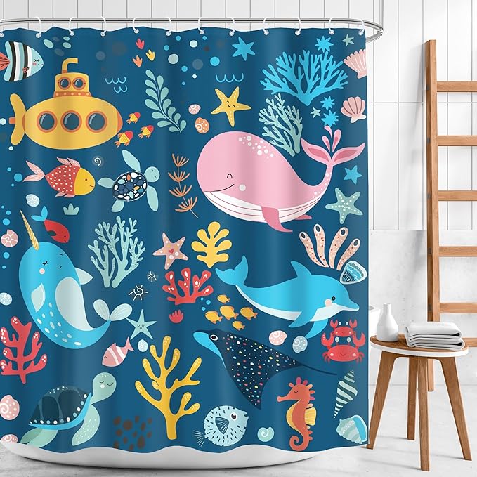 Navy Blue Kids Shower Curtain 60Wx72H Kid Ocean Summer Cartoon Whale Cute Funny Fish Sea Animal Underwater Submarine Coastal Bathroom Decor Boy Girl Bath Curtain Polyester 12 Pack Hooks
