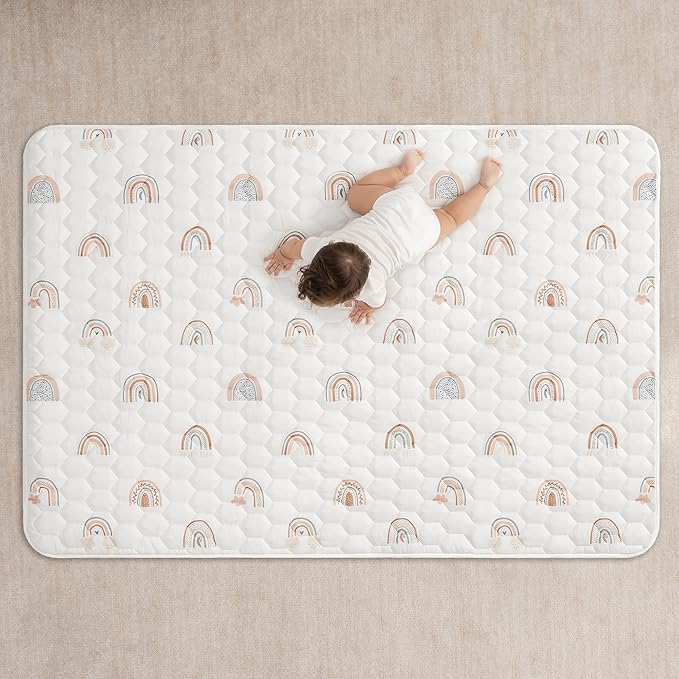 Comfy Cubs Rectangle Kids Play Mat - Medium 48 x 72 inches Soft Quilted Baby Floor Mat with Non-Slip Bottom - Plush Design for Toddlers Playtime - Comfortable and Durable - Rainbow