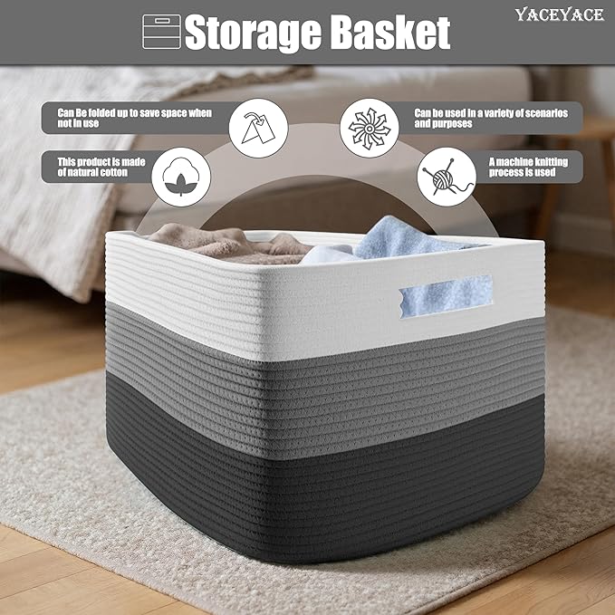 Large Storage Baskets, Cotton Woven Storage Basket with Handle, Woven Toy Storage Bin for Living Room, Organation, Decorative, 22"x17"x12"