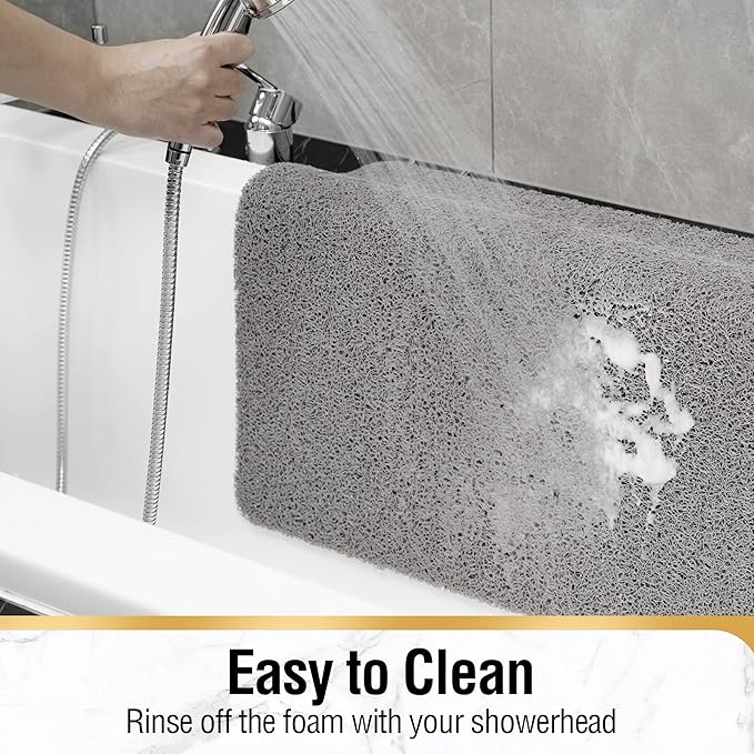 HITSLAM Non Slip Bathtub Mat 40 x 28 Inch, Extra Long Bath Mat for Tub, Soft PVC Loofah Shower Floor Mat with Drain, Quick Drying Bathroom Tub Mat for Wet Area, Without Suction Cup, Grey