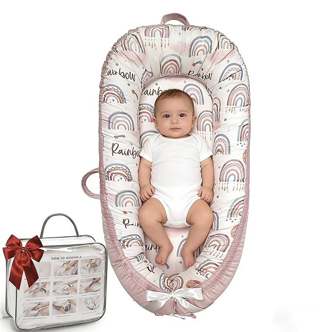 Baby Lounger-Breathable and Soft Organic 100% Cotton, Portable Infant Lounger with Removable Lounger Cover, Baby Nest Lounger for Newborn - Pink Rainbow