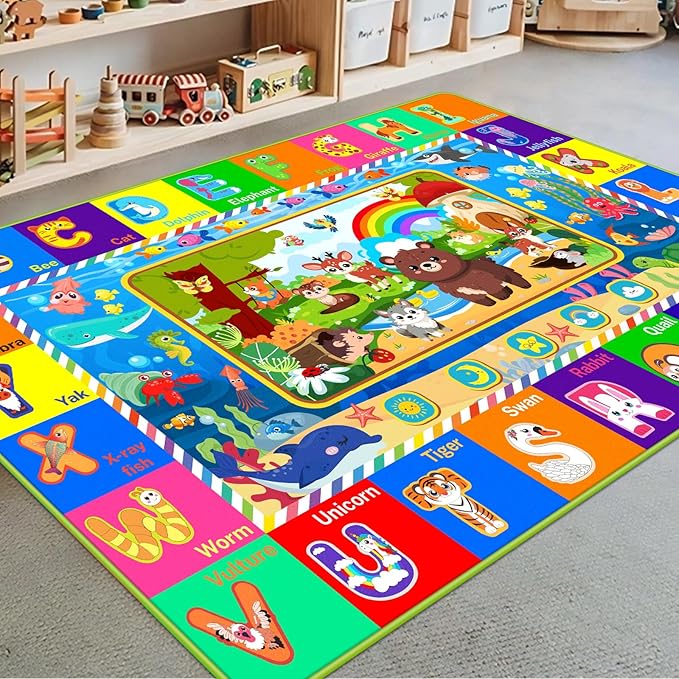 Baby Play Mat for Floor, ABC Kids Play Mat, Forest Animals Kids Rugs for Girls and Boys Playroom, Foldable Rug for Baby Toddler Infants Crawling Playing (Green, 59X39.4 INCH)