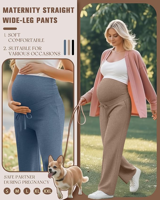 3 Pcs Maternity Sweatpants Over The Belly Pregnancy Straight Wide Leg Elastic Drawstring Pants Joggers with Pockets