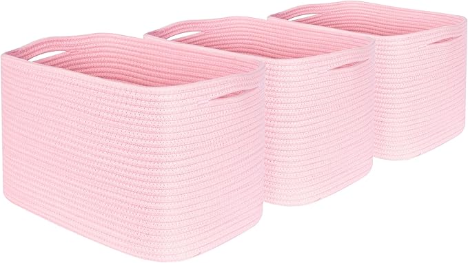 MINTWOOD Design 3-Pack Decorative Woven Storage Baskets for Shelves, Cube Bin Box for Organizing Books, Shoes, Dog Toys, Pantry Closet and Living Room Organizer, Soft Pink
