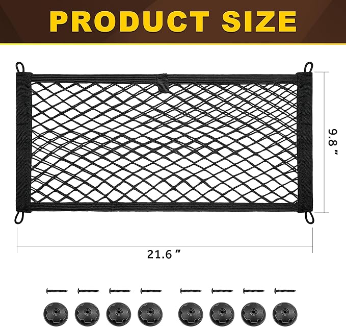 BUMBEE Mesh Cargo Net, Envelope Netting, Elastic Pocket Pouch Bungee Organizer for Car Seat Back RV Wall Trunk, Hooks & Screws Included(21.7'' x 9.8'')