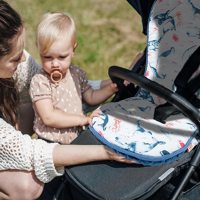 Baby Stroller Cushion,Soft Minky Dotted and Printed Stroller Seat Liner-Reversible Universal Breathable and Soft Newborn Stroller Pad, Cotton Infant Car Seat Insert-82x37cm,1 Pack(Blue Whale)