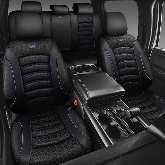 CAR PASS Comfortable 3D Foam Mesh Leather Car Seat Covers Full Sets, Air Cool Mesh Breathable Seat Covers for Car, Universal 5 Seats Fit for SUV Truck Sedan Automotive, Airbag Compatible,Black Blue