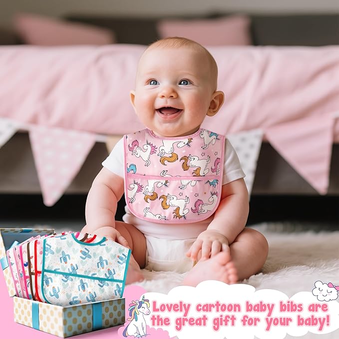 2ooya Baby Bibs for Eating - 6Pcs Toddler Waterproof Feeding Bibs with Crumb Catcher Pocket Adjustable Sleeveless Teething Plastic Food Bib Set Infant Keepsake Gift for Baby Shower, 6-24 Months
