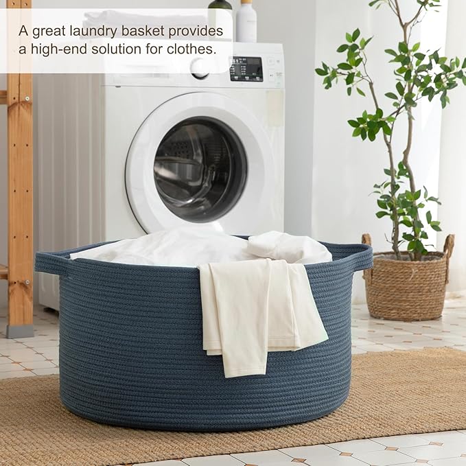 OIAHOMY 90L Blanket Basket for Living Room, Large Basket 23" x 23" x 13" with Handle, Laundry Hamper for Blankets, Pillows, Toy Storage for Kids, Dogs - Blue