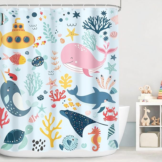 Blue Kids Shower Curtain 60Wx72H Kid Ocean Whale Funny Summer Cartoon Cute Fish Sea Animal Boy Girl Nursery Bathroom Decor Underwater Submarine Coastal Bath Curtain Polyester 12 Pack Hooks