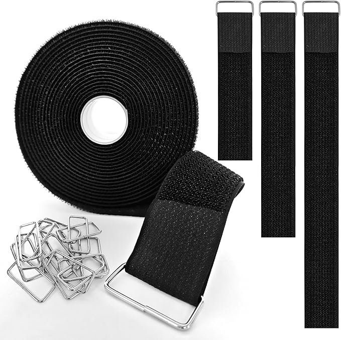 1.5 Inch x 16 Ft Hook and Loop Straps, 15 Metal Buckles, Adjustable Reusable Securing Cord Ties, Freely Cut-to-Length Cinch Strap, Suitable for Organization and Storage