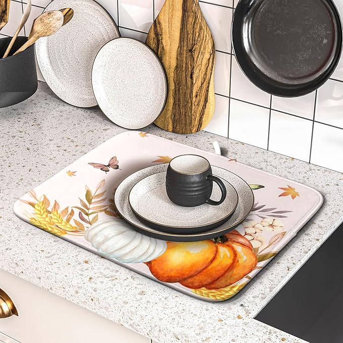 Fall Pumpkin Maple Dish Drying Mat for Kitchen Counter,Autumn Butterflies Harvest Drying Mat 16 x 18 Inch with Absorbent Reversible Microfiber Dish Drying Pad Dish Rack Drainer Mat for Coffee Bar