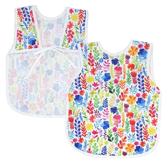 BapronBaby Rainbow Watercolor Floral Bapron - No Neck Tie Safer Bib for Baby & Toddler - Soft Waterproof Stain Resistant - Machine Washable - Sz Preschool 3-5yrs