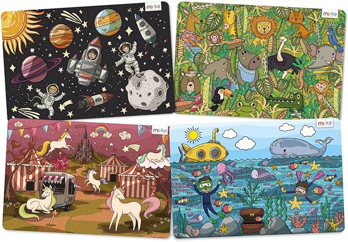 merka Kids Placemats - 17 x 11 in, Multicolor, Set of 4 - Washable Plastic Dining Table Placemats - Reusable & Wipeable Ocean, Space, Jungle & Unicorn Themes - Ages 2+