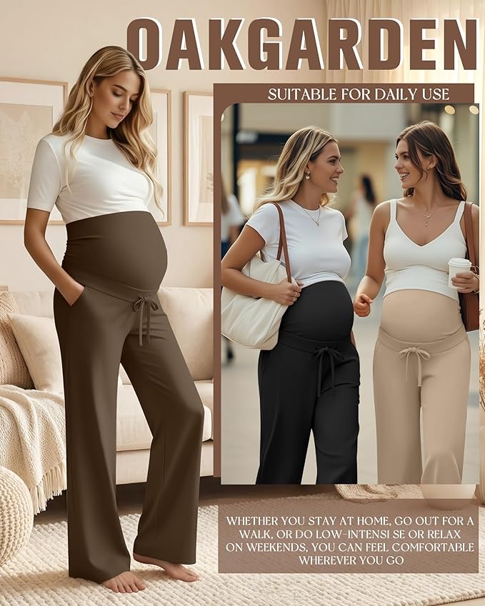3 Pcs Maternity Sweatpants Over The Belly Pregnancy Straight Wide Leg Elastic Drawstring Pants Joggers with Pockets