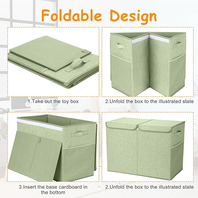 Fiwochic 3 Pack 23" Large Toy Storage Box with 11" Cubes Bins, Collapsible Toy Organizer Chest with Lids for Kids Nursery Playroom Bedroom Living Room Christmas Ornament Storage Box(Green)
