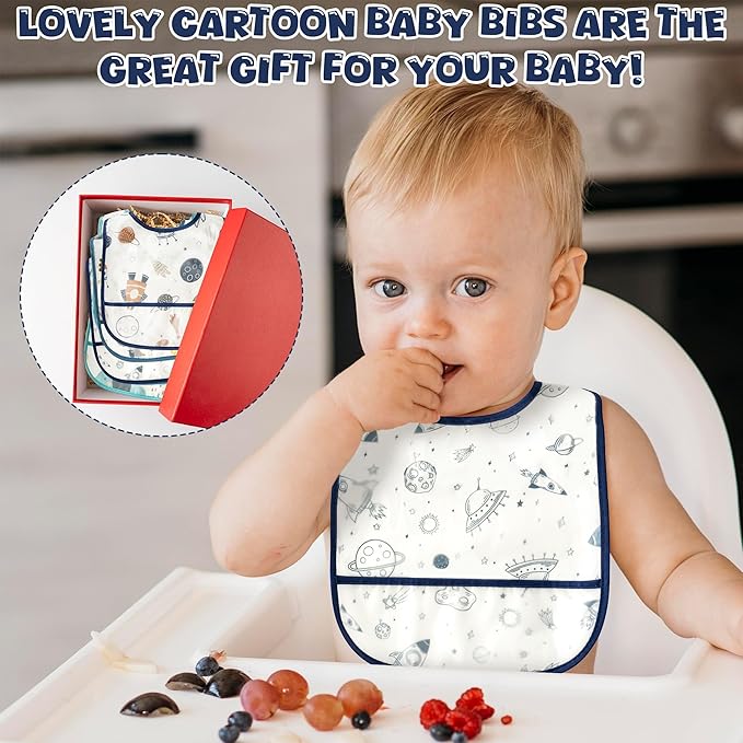 2ooya 6Pcs Baby Bibs for Feeding Toddler Eating Bibs with Crumb Catcher Pocket Waterproof Sleeveless Teething Plastic Food Bib Set Adjustable Infant Keepsake Gift for Boys Baby Shower, 6-24 Months