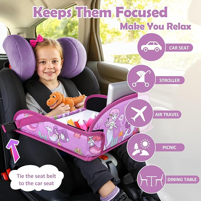 Kids Travel Tray for Toddler Carseat, Road Trip Activities Essentials, Kids Lap Desk Tray with Tablet Holder Stand and Dry Erase Board, Mermaid