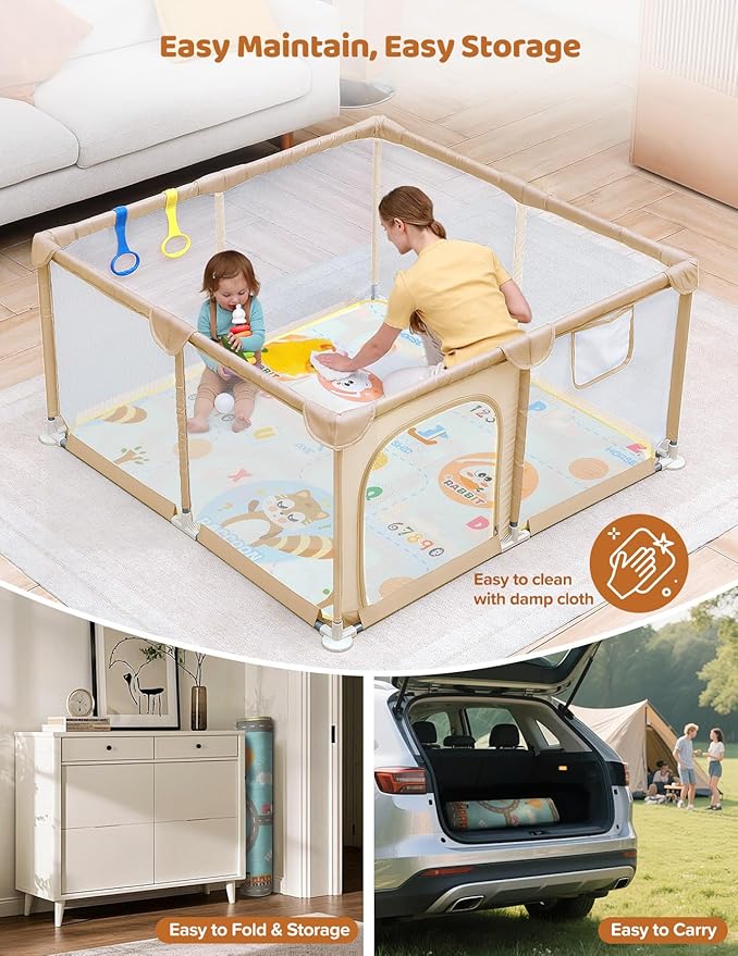 Dripex Baby Playpen with Mat, 47"x47" Play Pen for Toddlers 1-3 Years, Soft Breathable Visible Mesh, Indoor/Outdoor Portable Play Yard with Mat, Safe Baby Fence Play Area, Beige