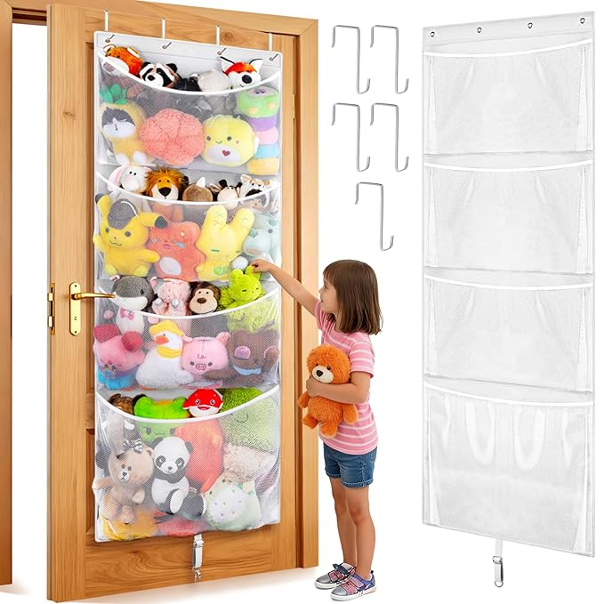 Woodoulogy Hanging Stuffed Animal Storage, Over Door Large Plush Toy Organizer with Metal Hook, Baby Accessory Holder Idea for Nursery, Doll & Bear Mesh Hammock Bag for Girl Boy Kid Room