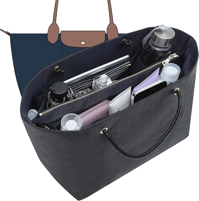 Doxo NEW Purse Organizer Insert for Longchamp LePliage Large,Fixed Handle, Bag Shaper with Key Leash& 16 Compartments, Upgraded Elastic Cup Holder(Black&Blue, L)