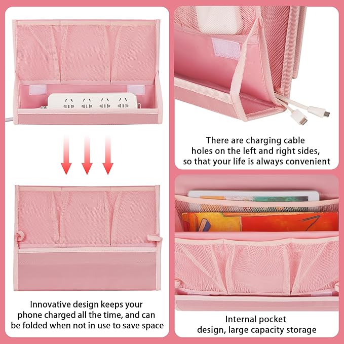 Retyion Bedside Caddy Bedside Storage Organizer Bedside Organizer with Power Strip Holder and 2 Adjustable Straps for Home Bunk Bed Dorm Sofa (Pink)