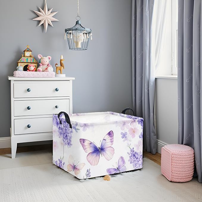 TIBAOLOVER Rectangular Kids Storage Basket Baby Storage Basket with Handles for Home Kitchen Boys and Girls Cute Toy Storage Bin Organizer Shelf Book Room Decor(Purple Butterfly)