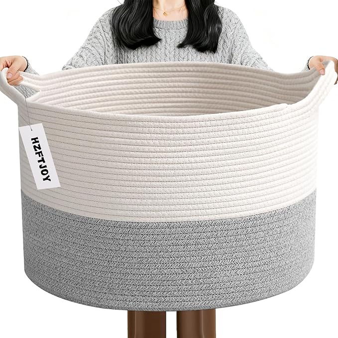 Large Storage Basket with Handle,23.6" x 23.6" x 15.7" Blanket Basket Storage Bins for Organizing,115L Cotton Rope Woven Baskets for Living Room, Nursery,Bedroom,White&Grey