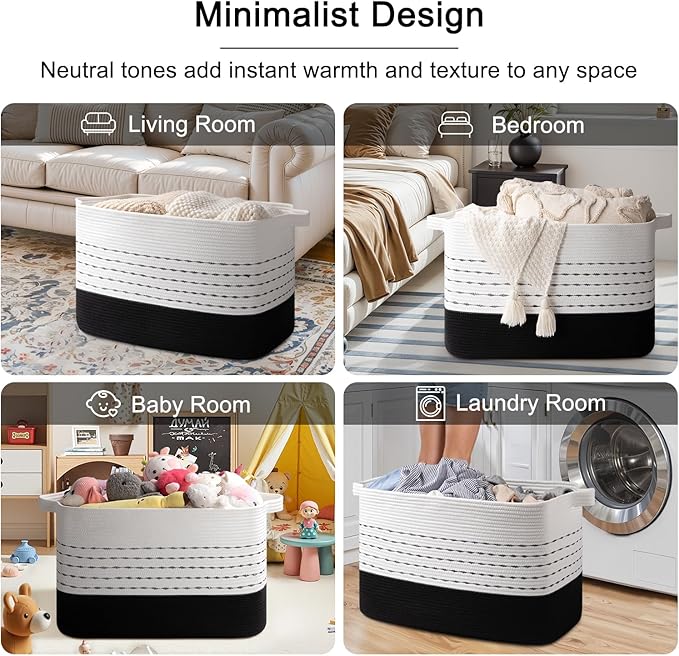 OIAHOMY 108L Extra Large Blanket Basket, 25”x16”x16” Rectangle Woven Cotton Rope Baskets for for Living Room, Toy Storage with Handle- Gradient Black