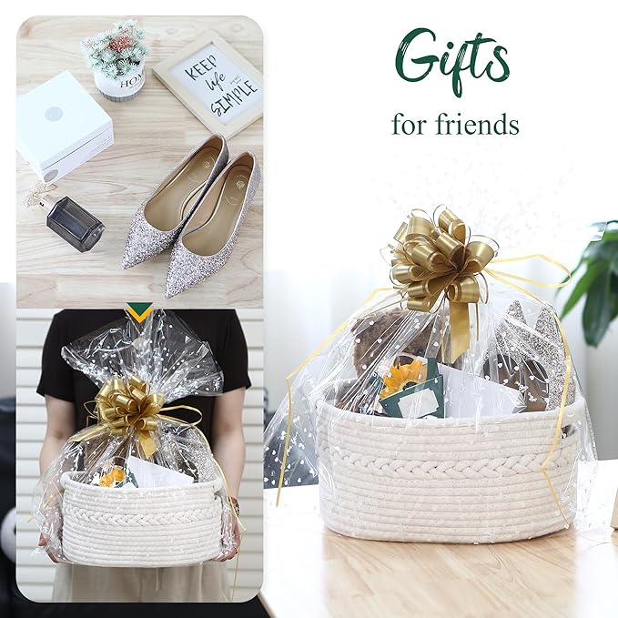 Sea Team Woven Cotton Rope Gift Basket with Gift Bags & Ribbons, Optional Stuffed Bear & Sunflower, Baby Shower Present, Pet Gift or Nursery Storage Bin, 13.4 x 9.1 x 7.1 Inches, White
