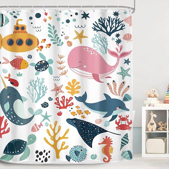 Kids Shower Curtain 72Wx78H Extra Long Kid Ocean Cartoon Whale Funny Underwater Sea Life Beach Nursery Boy Girl Bathroom Decor Coastal Submarine Fish Bath Curtain Fabric Polyester