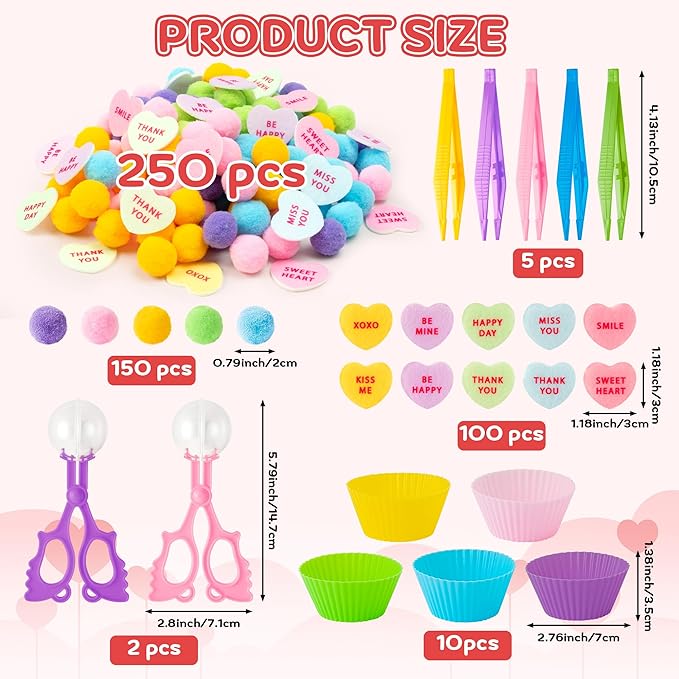 EZdhuawuse Valentines Sensory Bin Fillers - 268P Valentine’s Day Gift Fine Motor Toy Counting Sorting Set for Kid, Felt Conversation Heart Colorful Pom Poms Cup Clip for Preschool Education Activities