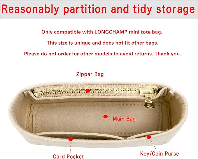 Mini Bag Organizer with Genuine Leather Crossbody Strap Conversion Kit, Compatible with Longchamp Mini Bag – Inner Liner Insert + Strap Kit Set, Beige