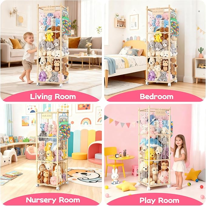 DUOQNY Large Toy Storage Organizer, 54-Inch Wooden Stuffed Animal Cage with Bag & DIY Plaque - Holds Plush Toys, Small Objects for Kids Bedroom, Nursery, Playroom - Gift for Children