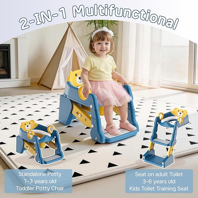 Potty Training Seat, 2-in-1 Toddler Toilet Training Seat & Potty Chair for Kids Boys Girls, Height Adjustable Toilet Seat with Splash Guard, Stable Wide Base Design, Anti-Slip Steps Stool