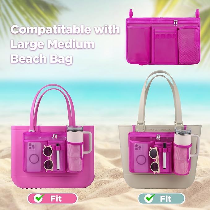 OUTXE Organizer Holder for Bogg Simple Modern Bag Accessories, Cup Phone Holder compatible with Stanley, Storage Mesh Divider Organizing Insert Pouch for XL Bog Beach Rubber Tote, Hot Pink