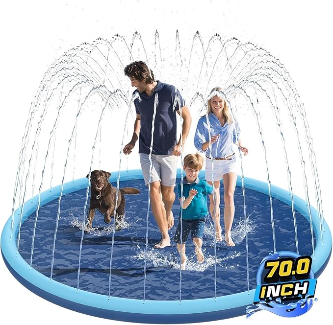 Non-Slip Splash Pad for Kids and Dog, 70" Extra Large Baby Play Mat, Dog Pool Toys, Thicken Sprinkler Pool Summer Outdoor Water Toys for Ages 3-12 Boys Girls, Parent-Kids &Games Fun Backyard (Blue)