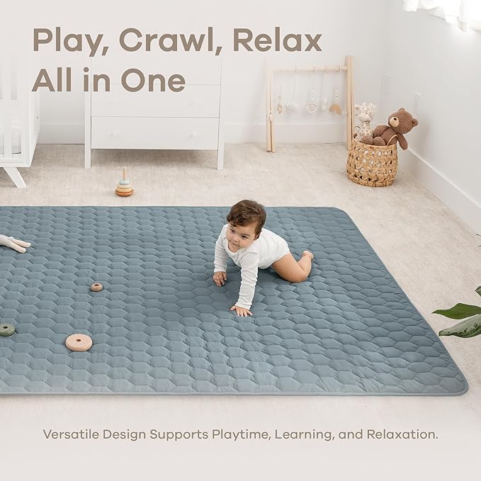 Comfy Cubs Rectangle Kids Play Mat - Large 60 x 96 inches Soft Quilted Baby Floor Mat with Non-Slip Bottom - Plush Design for Toddlers' Playtime - Comfortable and Durable - Pacific Blue