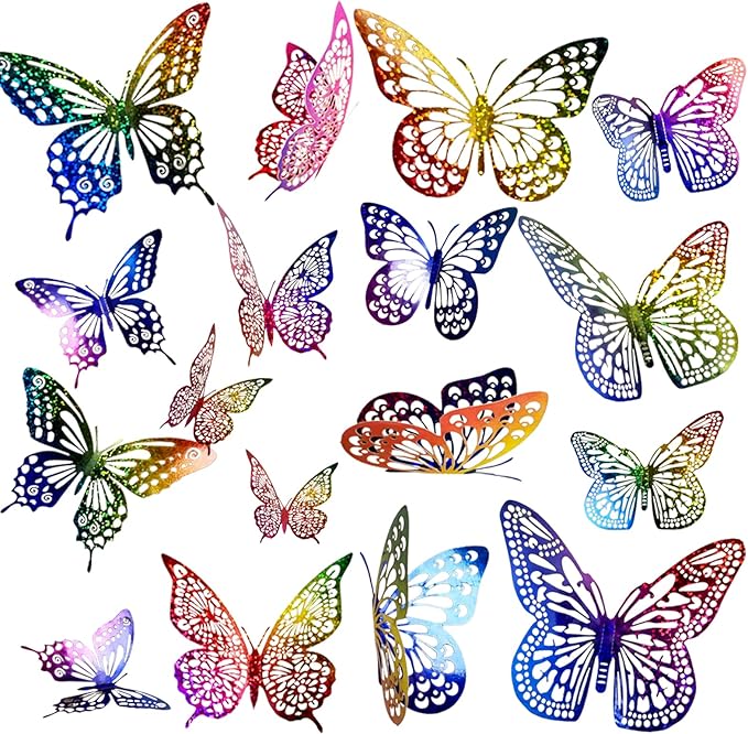 JOSDIOX 3D Reflective Dot - Patterned Rainbow Butterfly Wall Stickers - 48 Pcs with 4 Styles & 3 Sizes, Removable Decor for Party Birthday Wedding Cake Balloon Decoration (48 Rainbow)