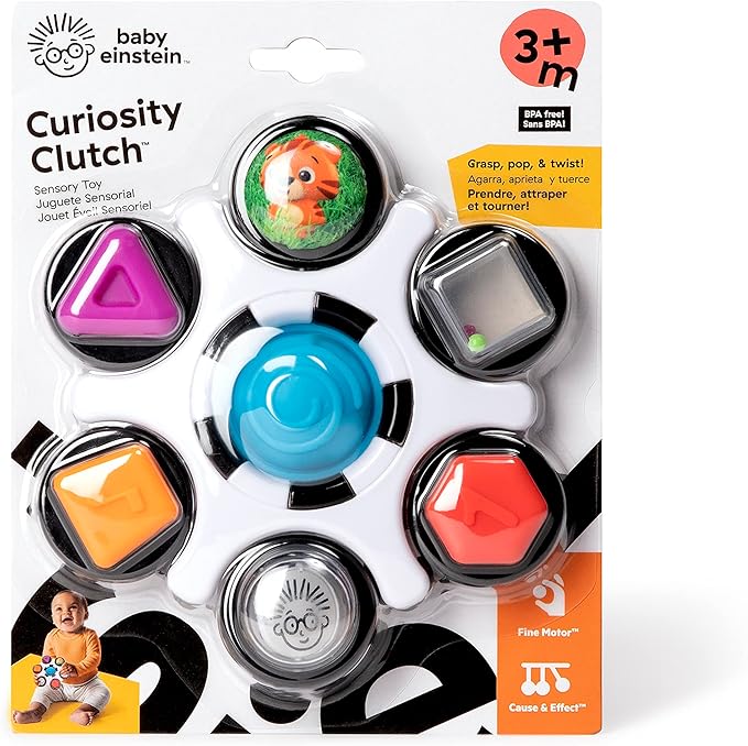 Baby Einstein Curiosity Clutch Fidget Sensory Toy and Pop It Rattle, BPA Free Infant Teether, Age 3 Months+, Multicolored